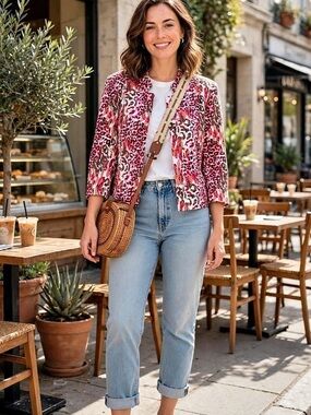 Investments Collarless ¾ Sleeve Statement Blazer Jacket Pink Animal Motif